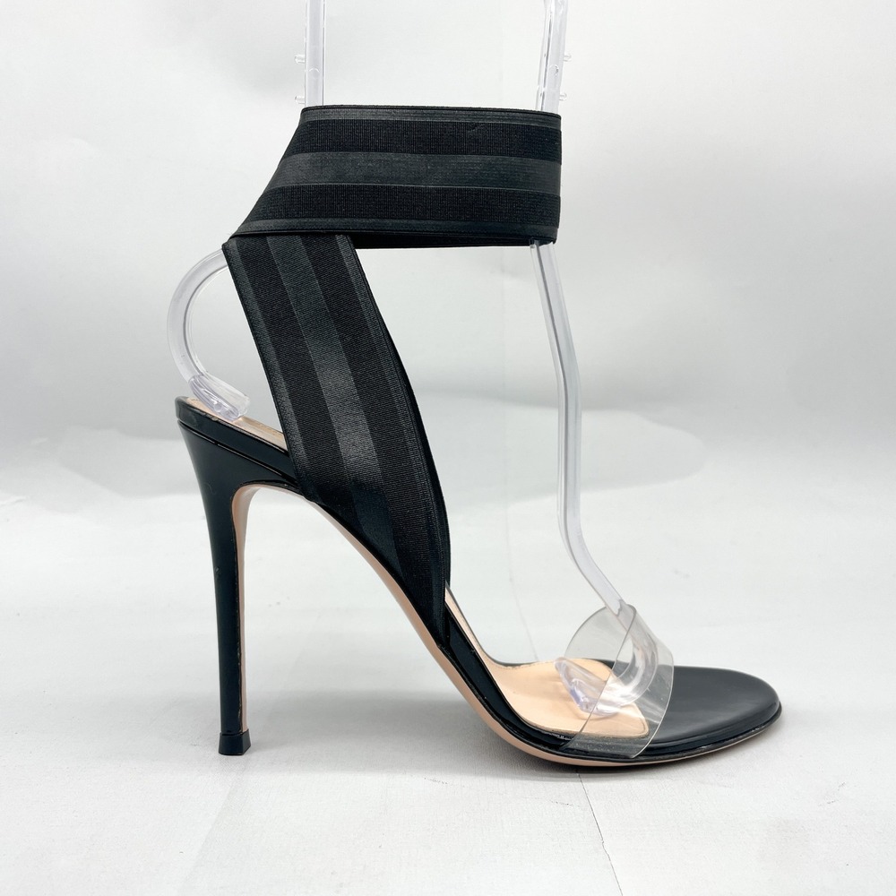 Gianvito Rossi Womens 38.5 8.5 Black Patent PVC Wrap Stiletto Heels Sandals Shoe
